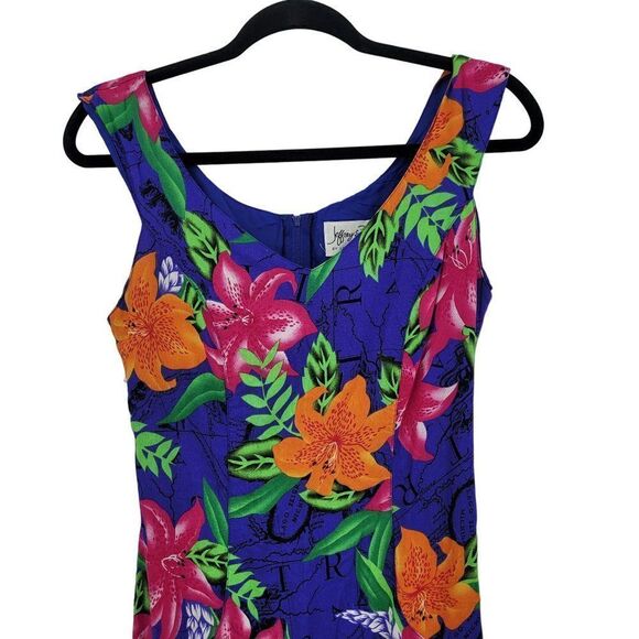 Vintage Blue Tropical Floral Sleeveless Mini Sheath Dress L Rayon USA Aloha Wear - Picture 5 of 10
